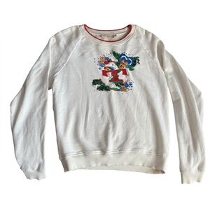 Tory Burch Women's Cream Sweatshirt Red Trim Embroidered and Sequin Size Small